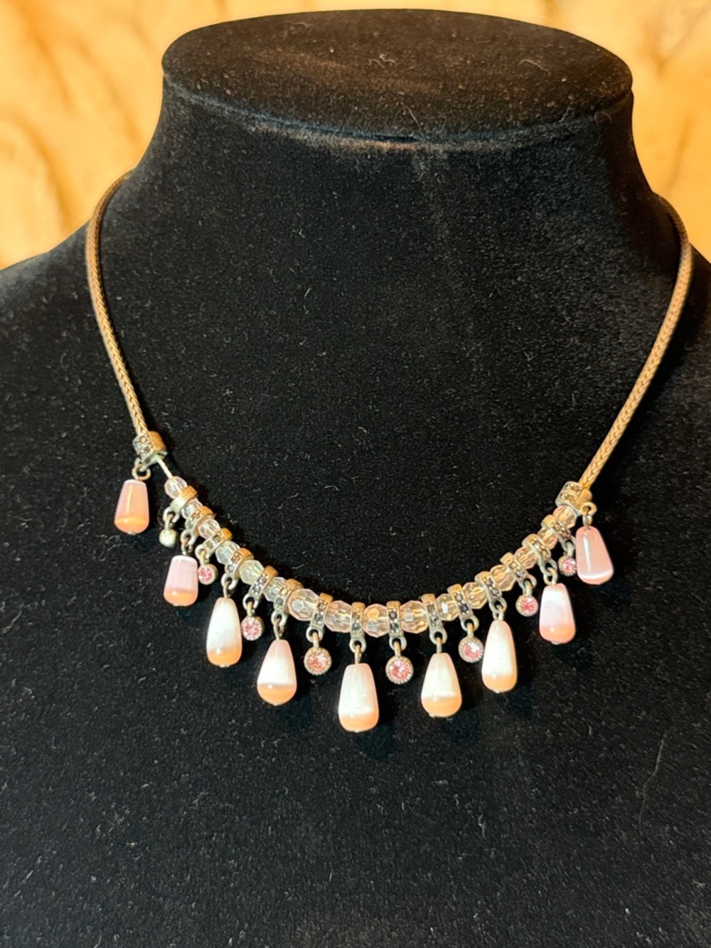 Vintage Pink Moonglow Teardrop Pendants & Sparkling Pink Crystals in Silver Tone